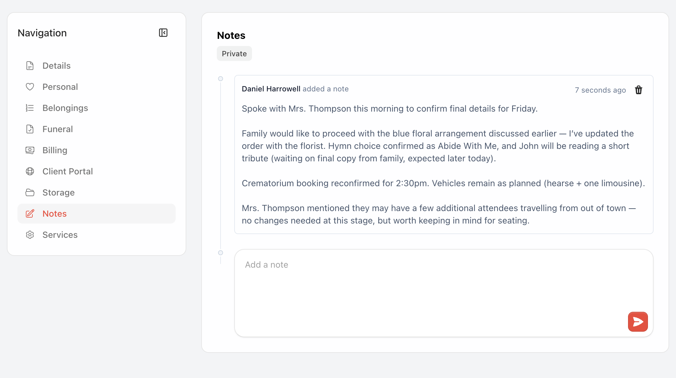 Robin funeral case management notes view