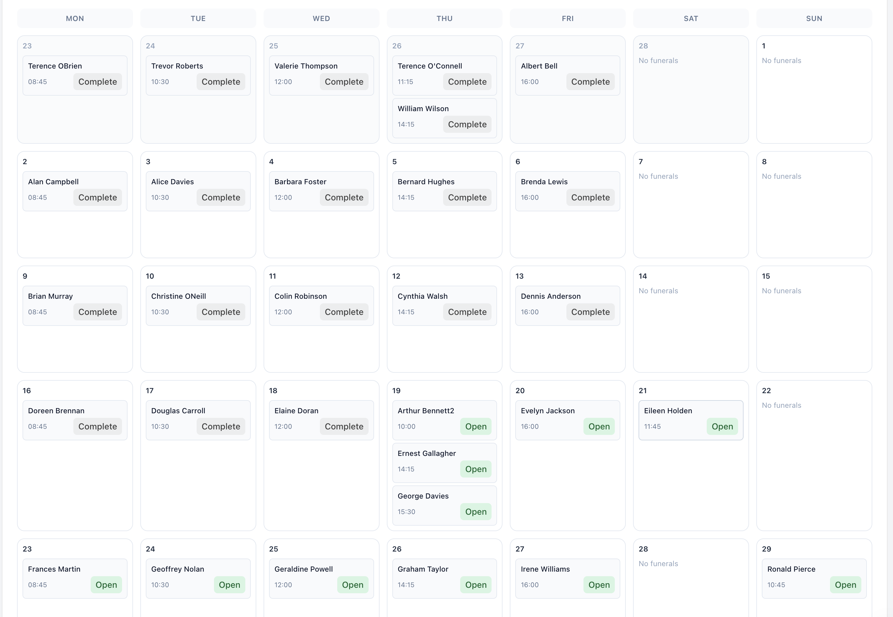 Robin operations calendar view